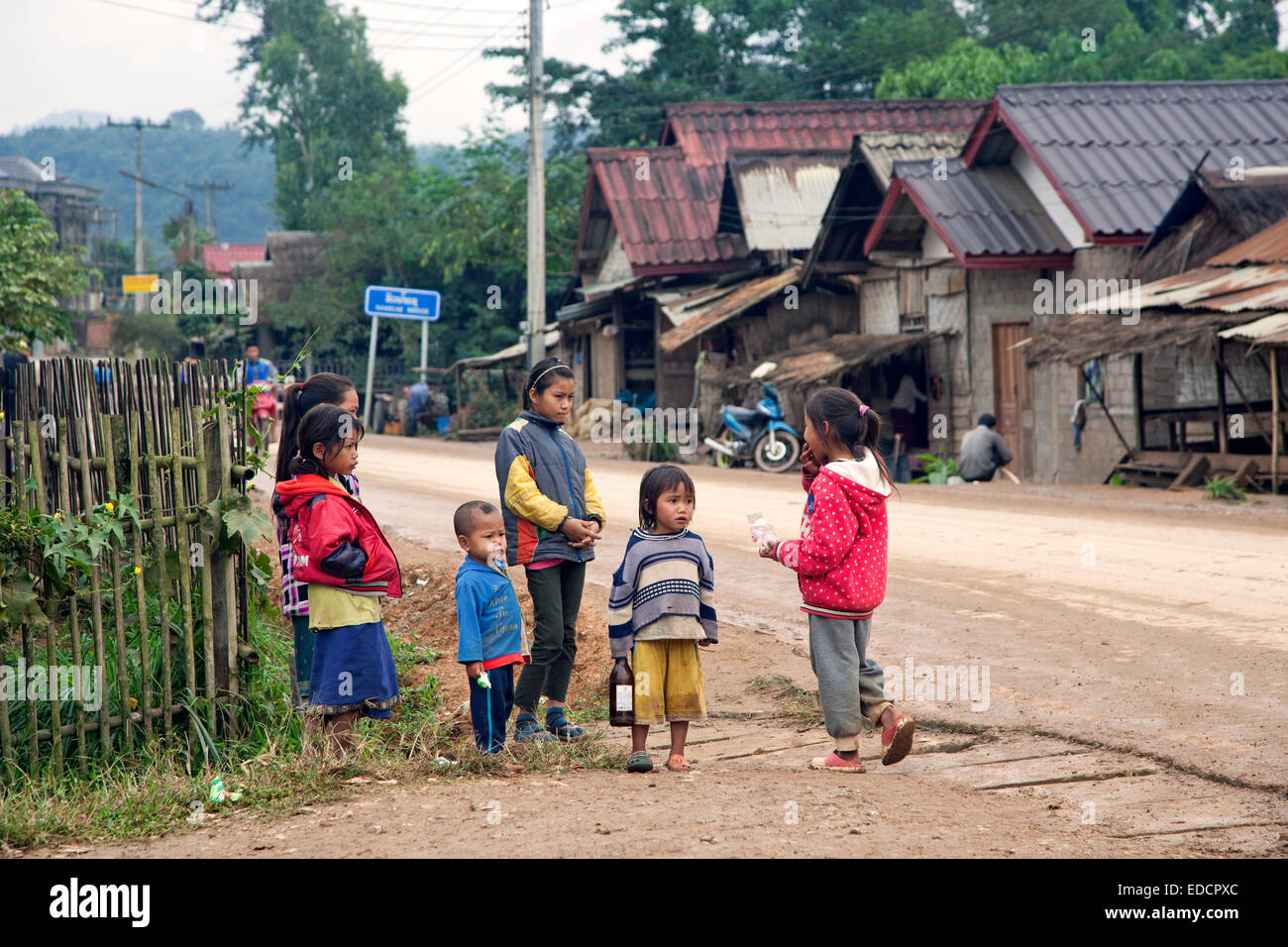 Group Lao children in rural village in Luang Namtha Province, Northern Laos Stock Photo