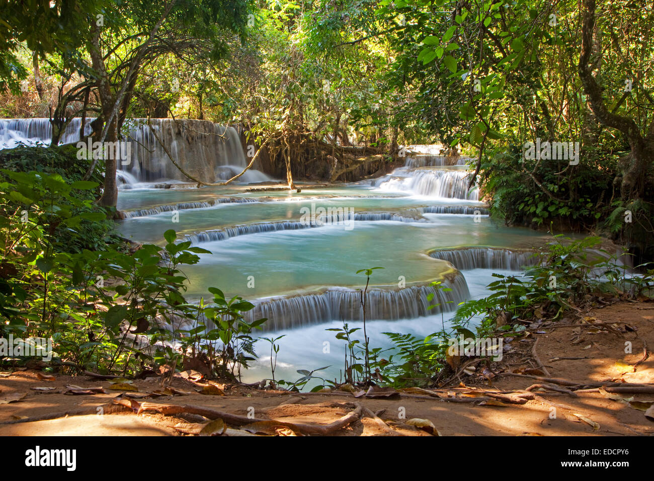 Travertine cascades and turquoise blue pools of the Kuang Si Falls / Kuang Xi / Tat Kuang Si Waterfalls near Luang Prabang, Laos Stock Photo