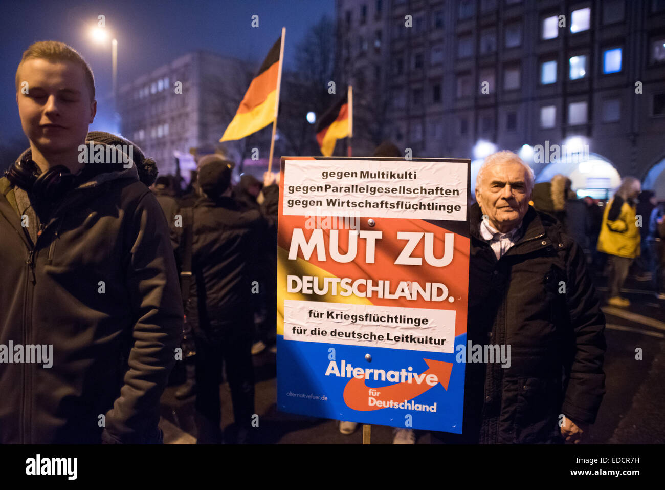 Berlin, Germany. 5th Jan, 2015. Followers of the movement 'Baergida' (Berlin Patriots against the islamization of the Occident) protest in Berlin, 5 January 2015. Right-wing initiative PEGIDA (Patriotic Europeans against the Islamization of the Occident) organizes protests against the alleged foreign infiltration in several citys. Several organizations announced ounterdemonstrations in Berlin. FOTO: BERND VON JUTRCZENKA/DPA/Alamy Live News Stock Photo