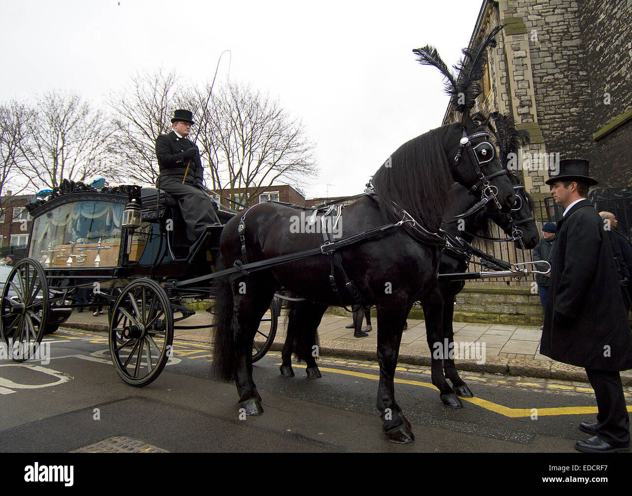 A funeral was made a bit more memorable with an ornate Victorian-style glass hearse drawn by a pair of Belgian Black horses. Stock Photo