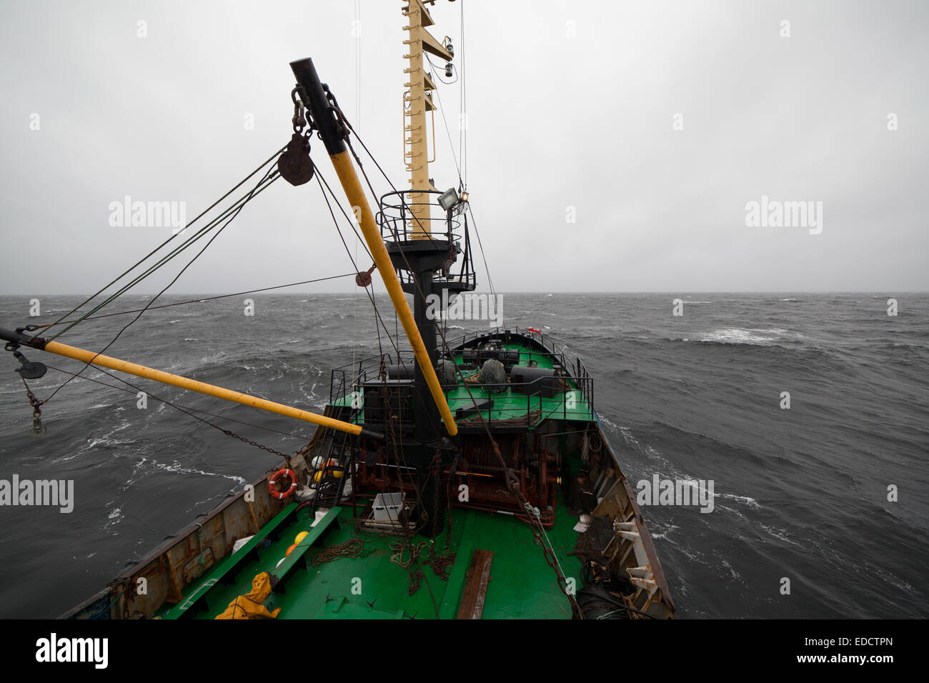 Prow of a ship and the sea in a weak storm Stock Photo