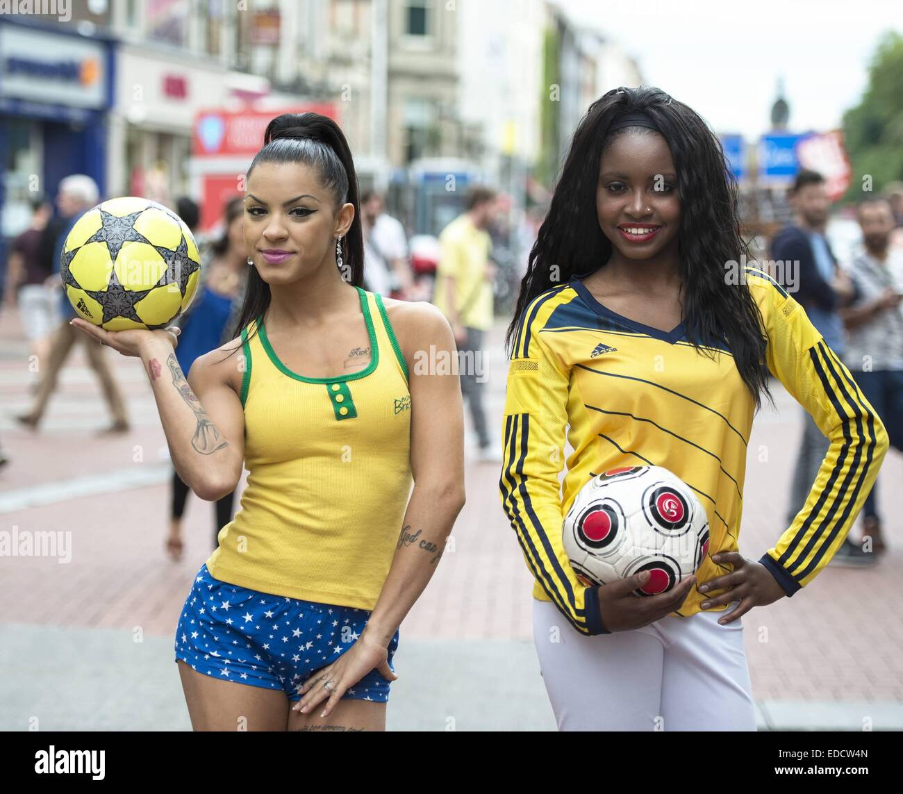 Brazilian babe Danni Lima & Columbian stunner Carolina Cuero Alban pose at the top of Grafton Street ahead of the World Cup quarter final Brazil V Columbia tomorrow night  Featuring: Danni Lima,Carolina Cuero Alban Where: Dublin, Ireland When: 03 Jul 2014 Stock Photo