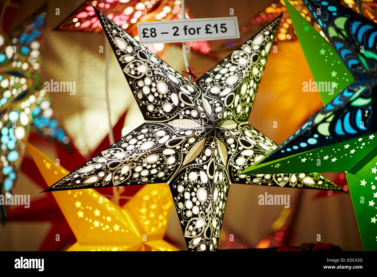 Decorative star lights shades at Manchester German Christmas Markets 2014 Stock Photo