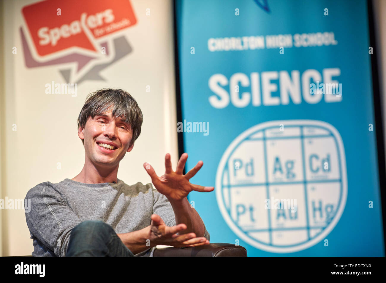 Prof Brian Cox presents a science question and answer by Speakers for Schools filmed live at Chorlton High School, and broadcast Stock Photo