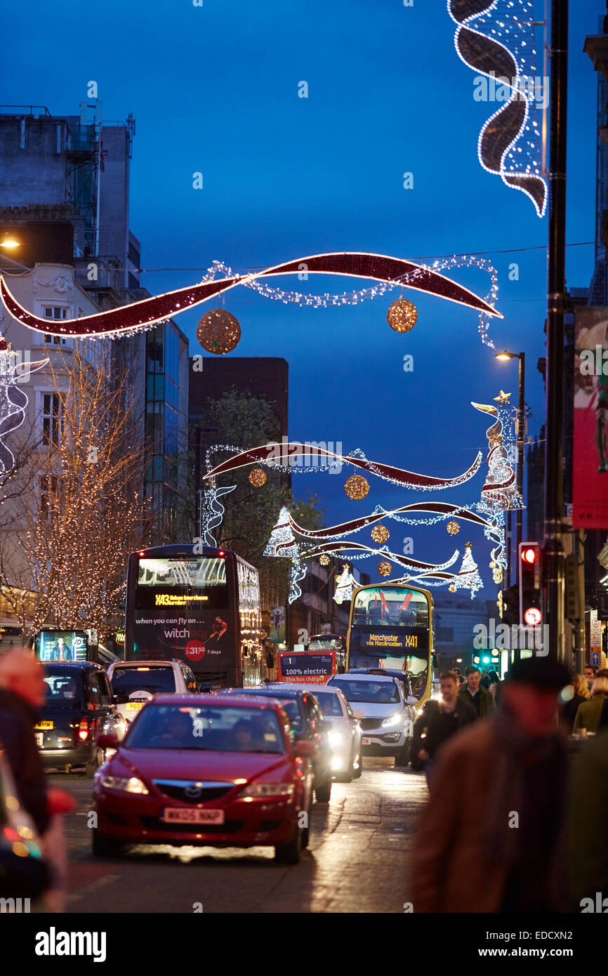 Manchester Christmas Markets and lights 2014, decorative festive lights over Deansgate Stock