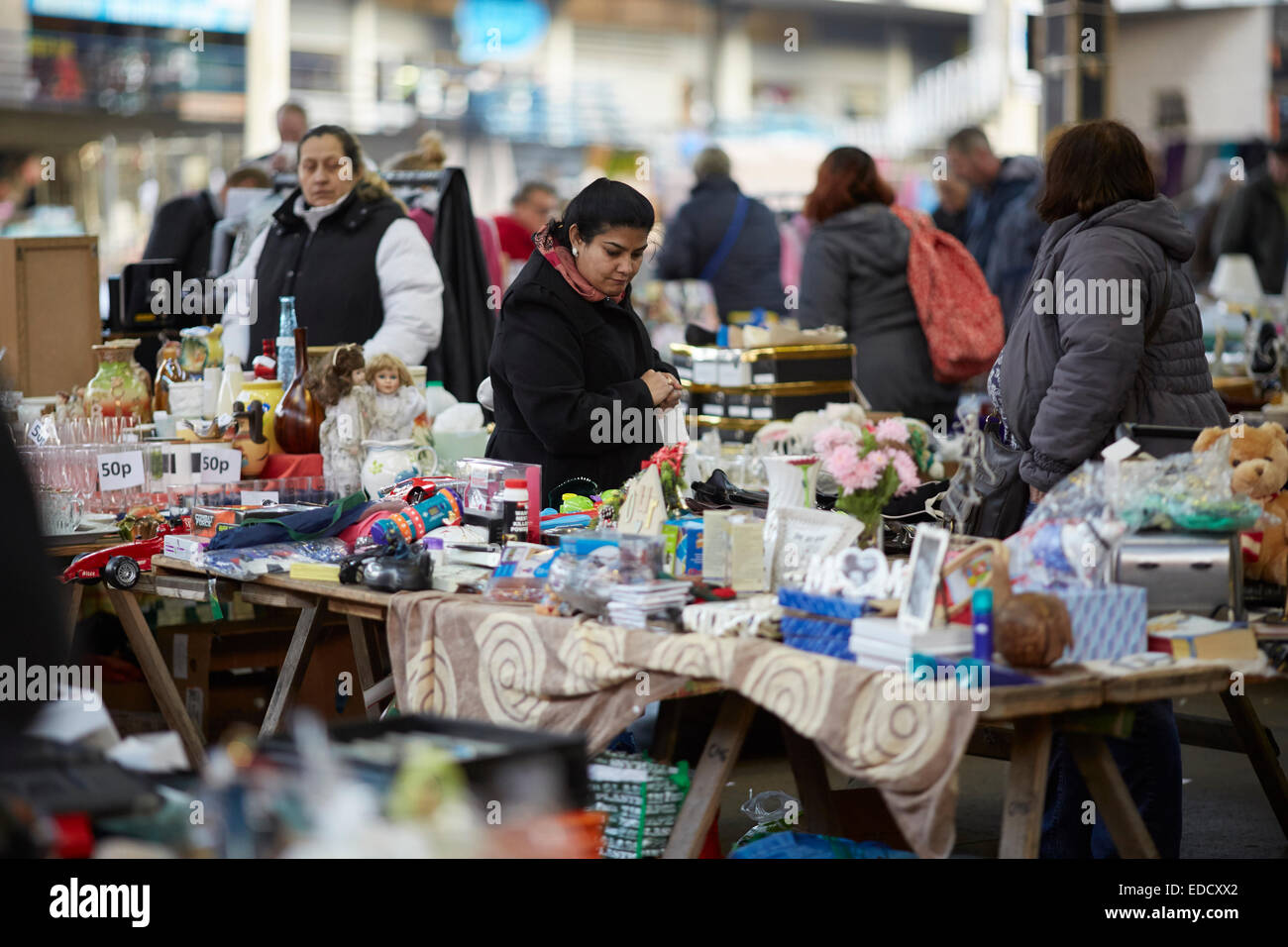 Preston Town Centre in Lancashire, flea market in the centre selling secondhand good on market stalls Stock Photo
