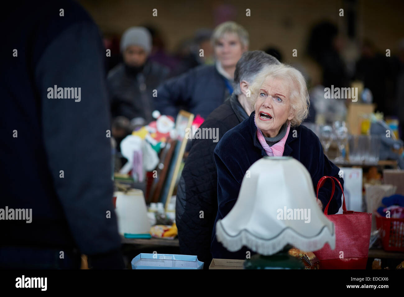Preston Town Centre in Lancashire, flea market in the centre selling secondhand good on market stalls Stock Photo