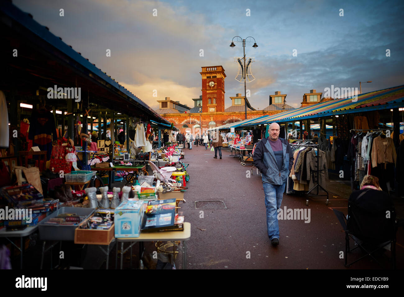 Ashton under lyne Tameside, town centre market with the market hall behind Stock Photo
