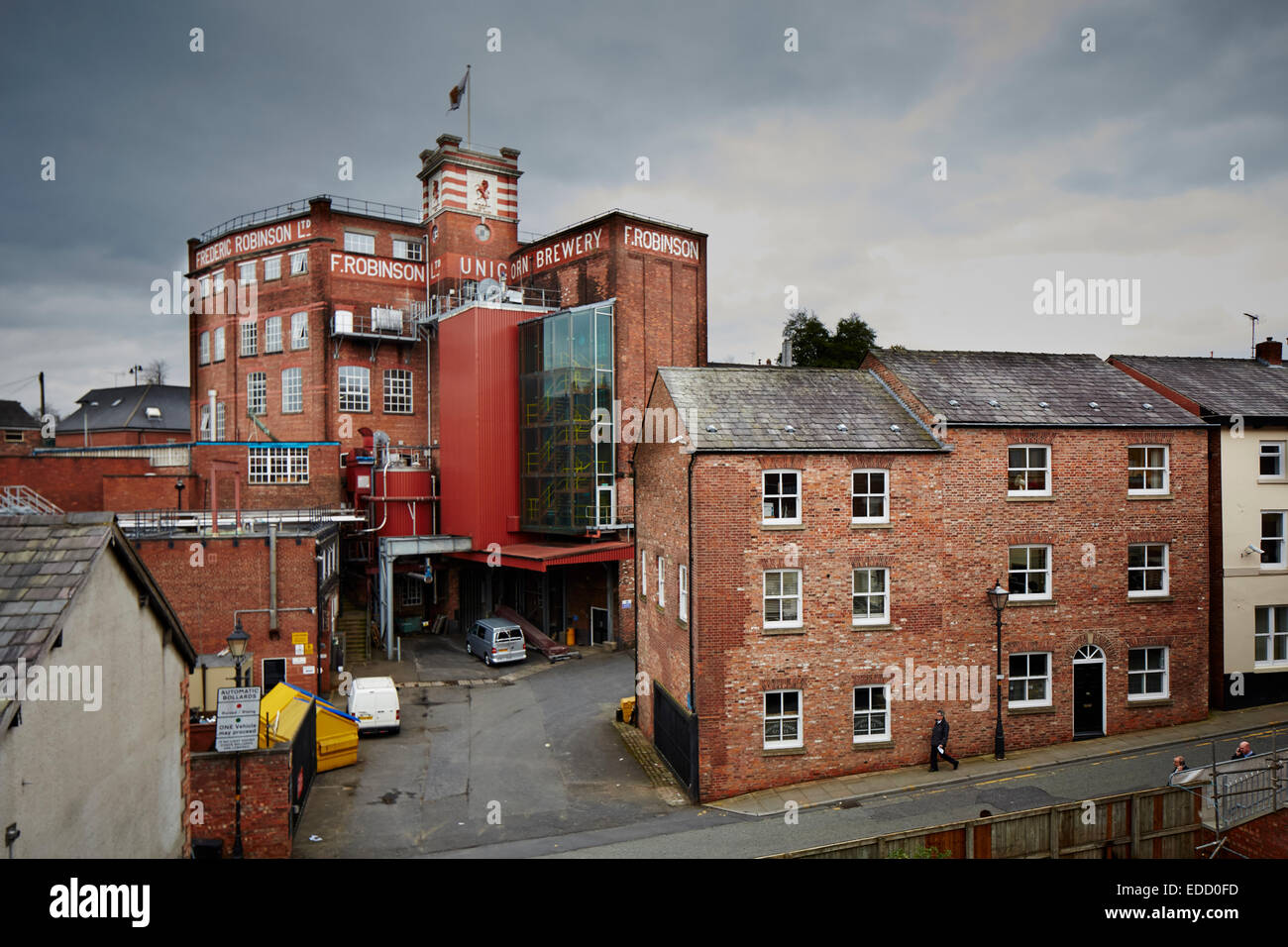 Stockport town centre Lower Hillgate, F Robinsons brewery a family-run, regional brewery founded in 1859 by Frederic Robinson Stock Photo