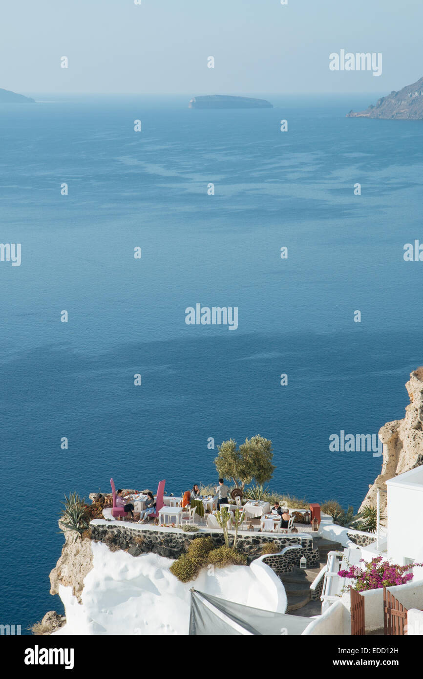 Restaurant on a rock with a sea view, Oia, Santorini, Cyclades, Greek islands, Greece Stock Photo