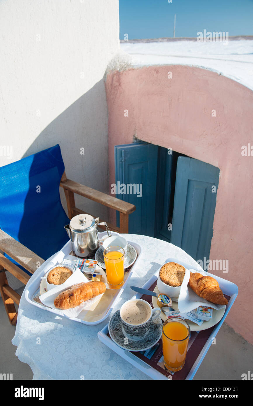 Greek breakfast in Oia, Santorini, Cyclades, Greek islands, Greece Stock Photo