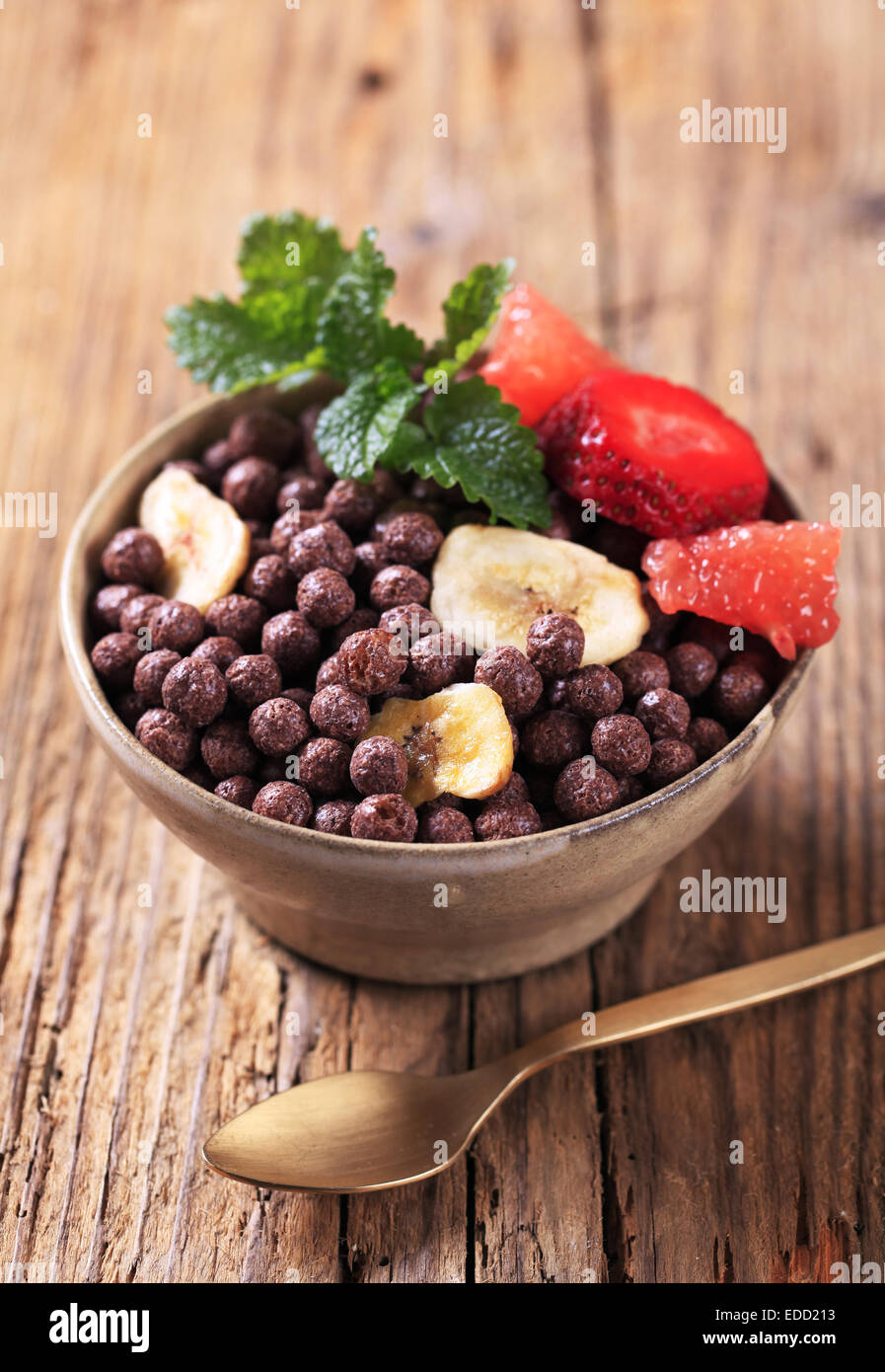 Cocoa-flavored puffed grain breakfast cereal Stock Photo