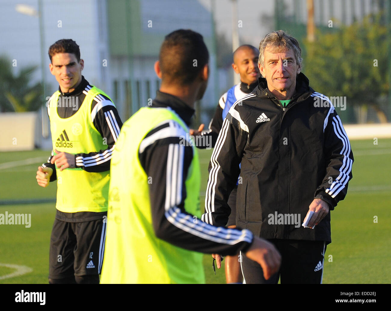 Algiers. 6th Jan, 2015. Algerian national football team head coach Christian Gourcuff (1st R) attends a training session in Algiers, capital of Algeria, Jan. 5, 2015. The 2015 Africa Cup of Nations will be held in Equatorial Guinea from Jan. 17 to Feb. 8. © Xinhua/Alamy Live News Stock Photo
