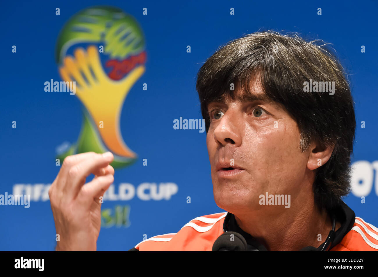 Head coach of Germany Joachim Loew answers to the media during a press conference on the eve of the 2014 FIFA World Cup Brazil Quarter Final match between France and Germany at Estadio Maracana  Featuring: Joachim Loew Where: Rio De Janeiro, Brazil When: Stock Photo
