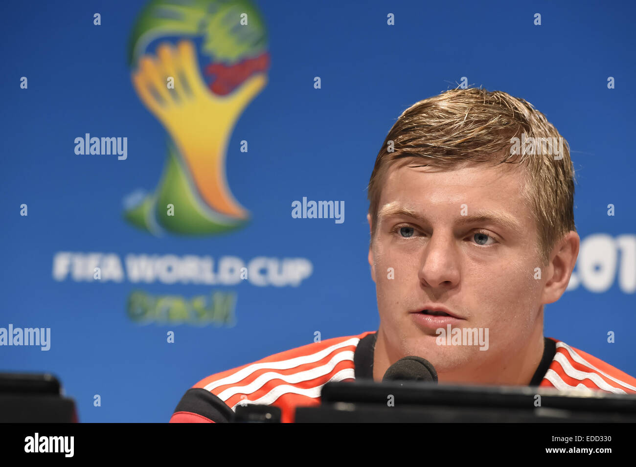 Toni Kroos answers to the media during a press conference on the eve of the 2014 FIFA World Cup Brazil Quarter Final match between France and Germany at Estadio Maracana  Featuring: Toni Kroos Where: Rio De Janeiro, Brazil When: 03 Jul 2014 Stock Photo
