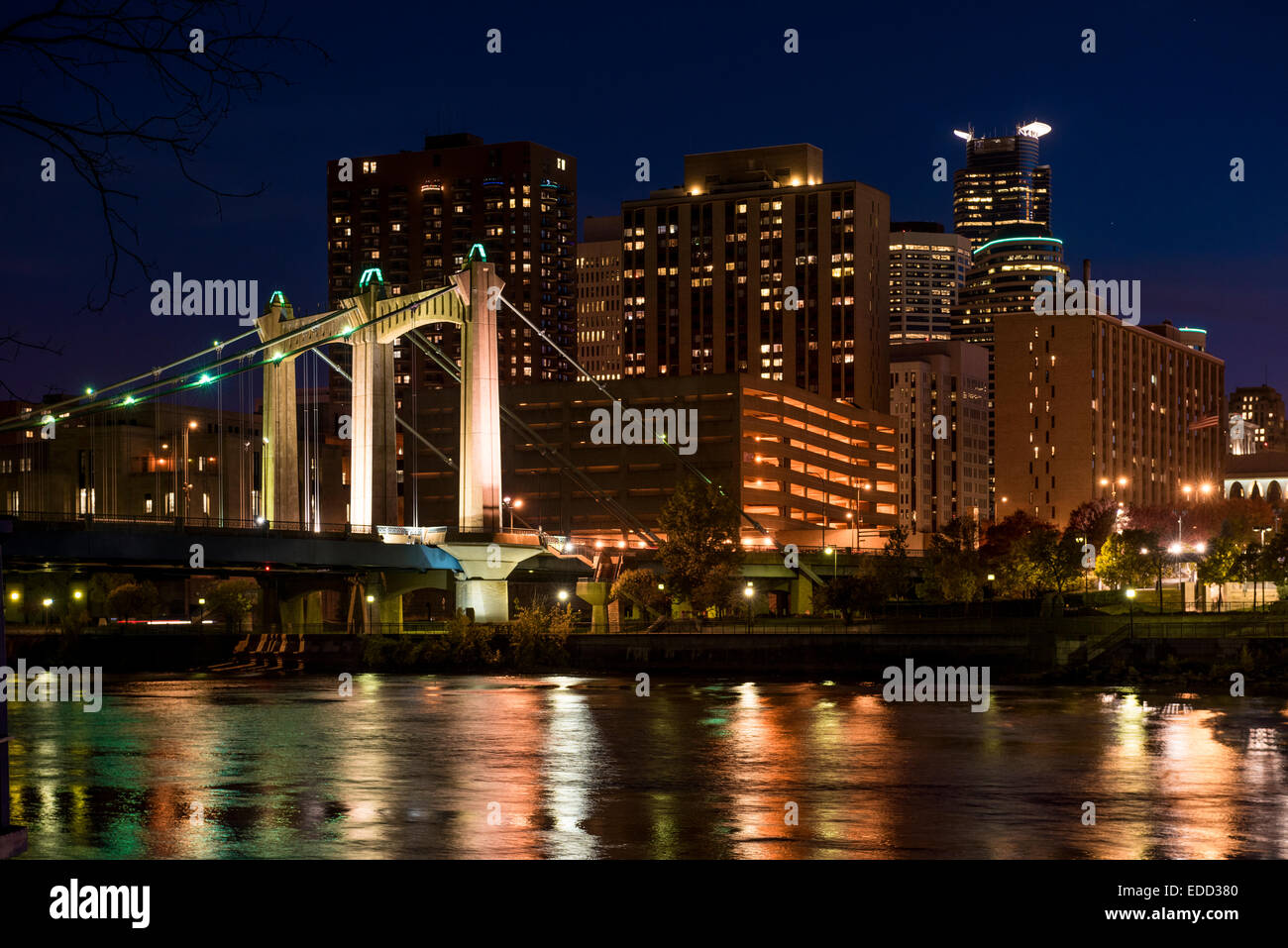 Minneapolis skyline and Mississippi River at dusk. Stock Photo