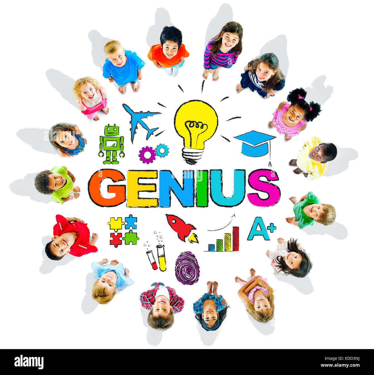 Multi-Ethnic Children with Text Genius and Related Symbols Stock Photo