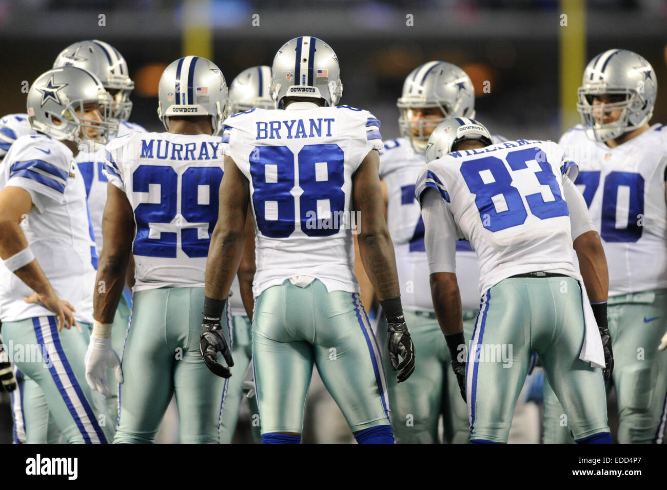 January 04, 2015: Dallas Cowboys running back DeMarco Murray #29, Dallas  Cowboys wide receiver Dez Bryant #88, Dallas Cowboys wide receiver Terrance  Williams #83 in the huddle during an NFL Playoff football
