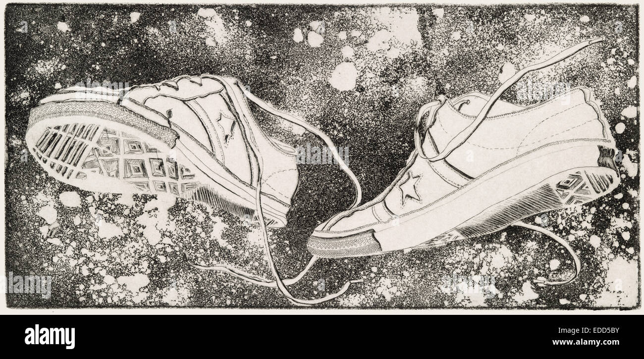 Engraving and acquaint depicting a pair of athletic shoes floating in outer-space by Todd Strand Stock Photo