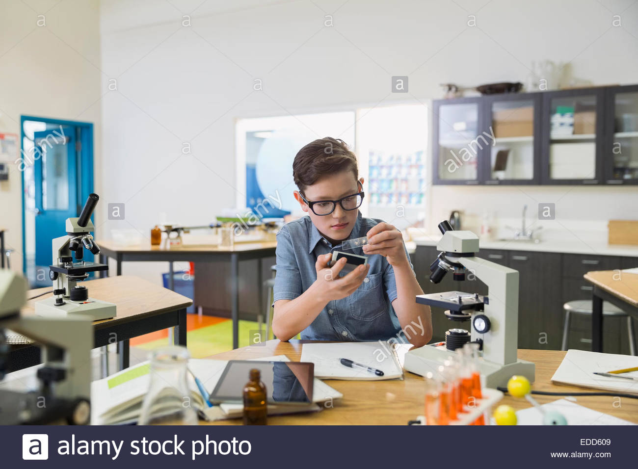 Elementary student examining microscope slide in laboratory Stock Photo