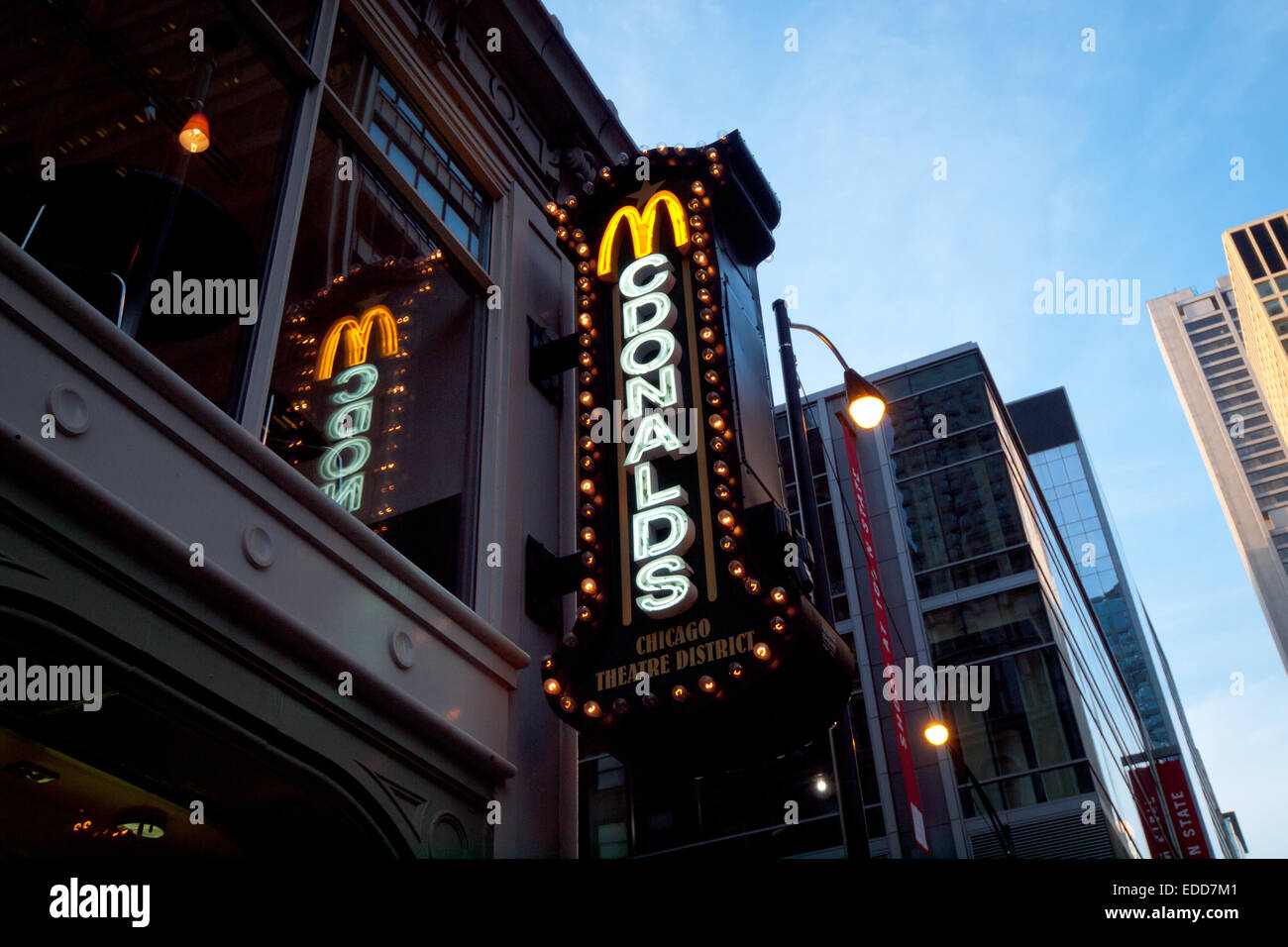 A view of the sign and exterior of a McDonald's restaurant in the Theatre District of downtown Chicago, Illinois. Stock Photo