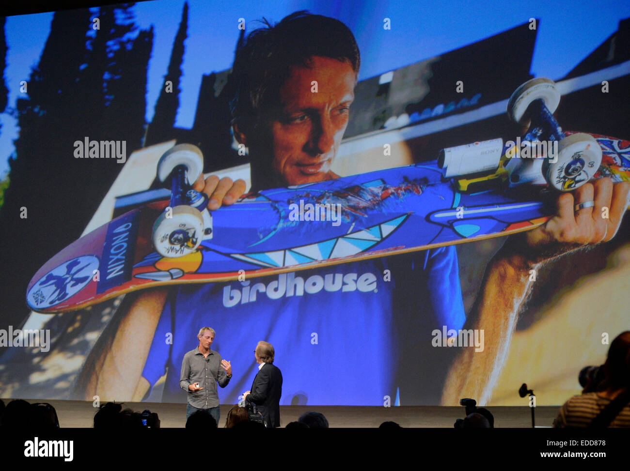 Las Vegas NV, USA. 5th Jan, 2015.Professional skateboarder Tony Hawk talks about the new Sony 4K Splashproof Exmor R camera during the 2015 CES press conference media day Monday. 5th Jan, 2015. The CES show starts on Tuesday through Friday as over 160,000 attendees are expected to be at this years show. Photo by Gene Blevins/LA Daily News/ZumaPress Credit:  Gene Blevins/ZUMA Wire/Alamy Live News Stock Photo