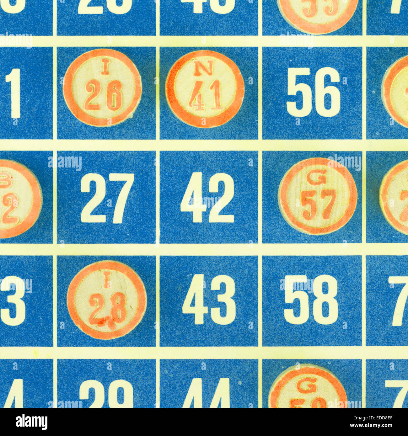 Blue bingo card being used (white chips Stock Photo Alamy
