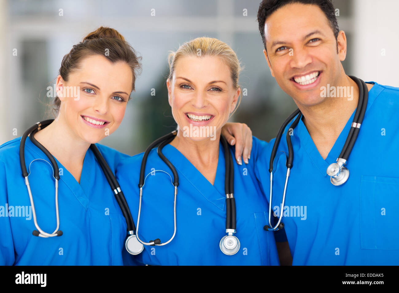group of happy medical team in hospital Stock Photo