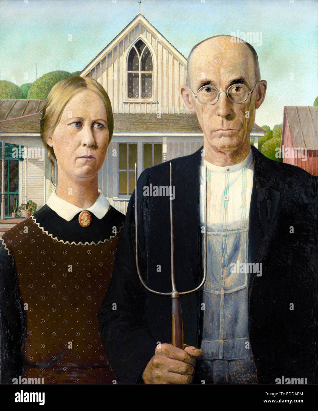 Grant Wood, American Gothic 1930 Oil on board. Art Institute of Chicago, USA. Stock Photo