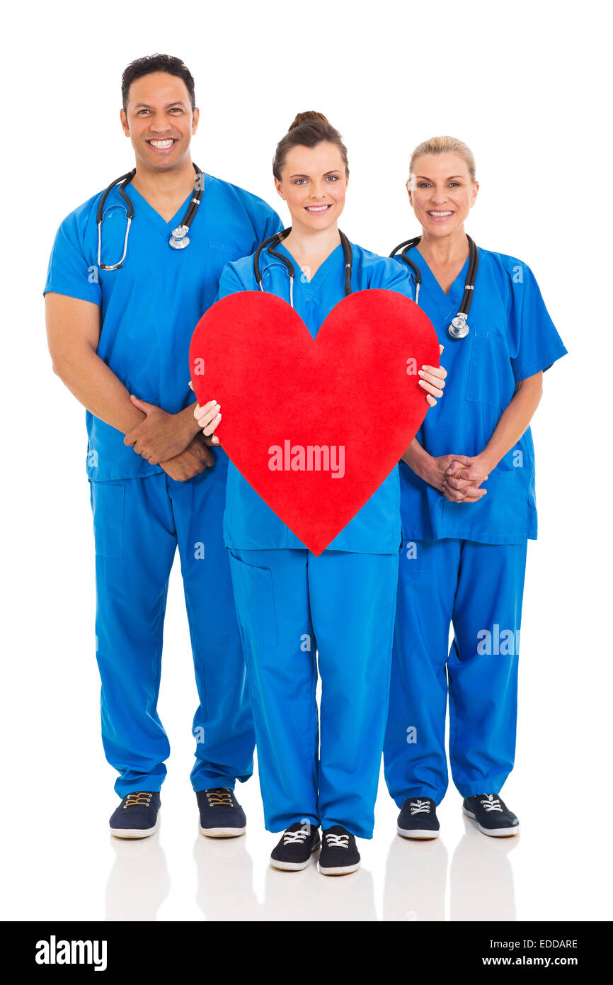 group of healthcare workers with heart symbol isolated on white background Stock Photo