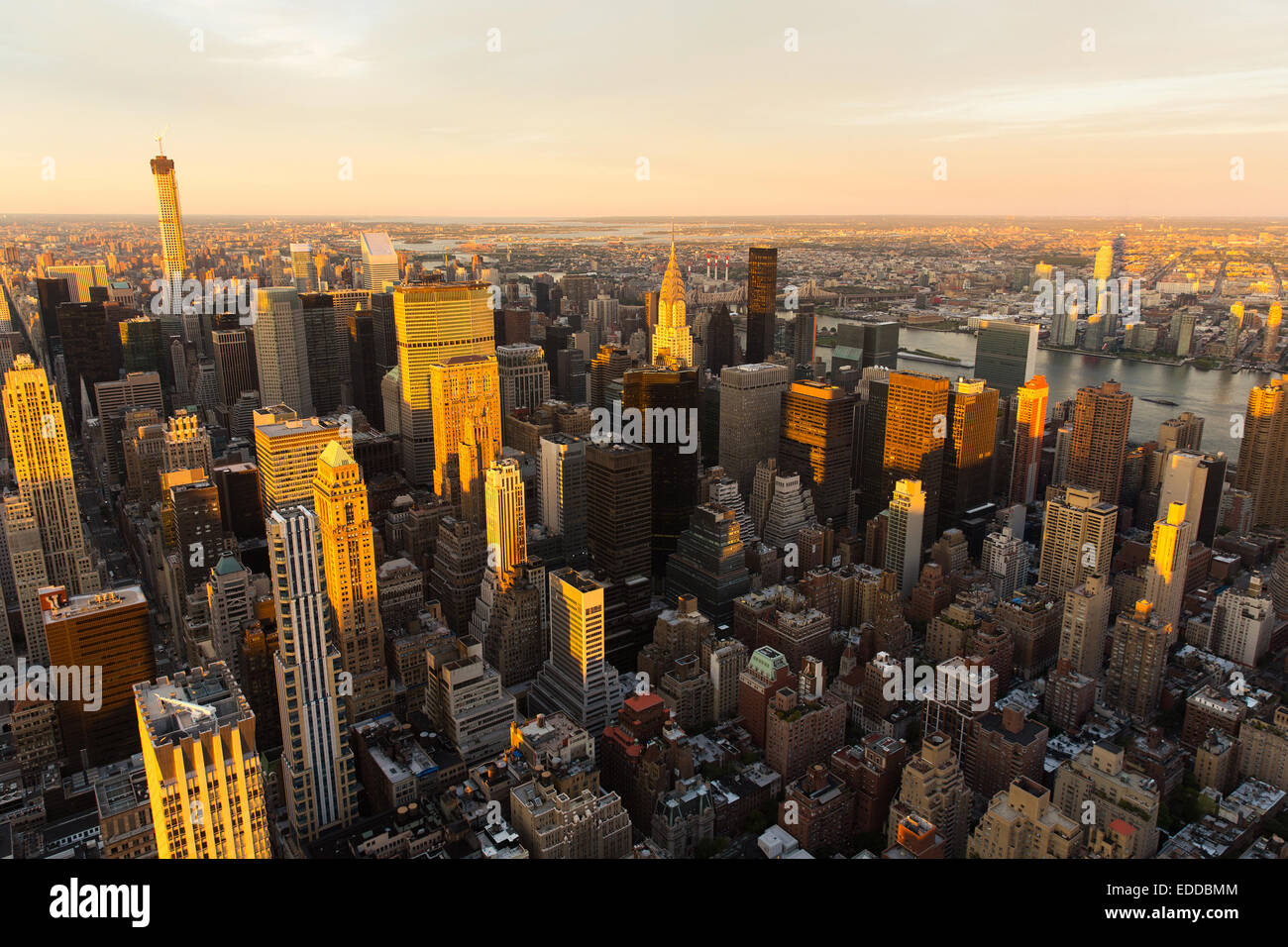 aerial view of Manhattan skyline at sunset, New York City Stock Photo ...