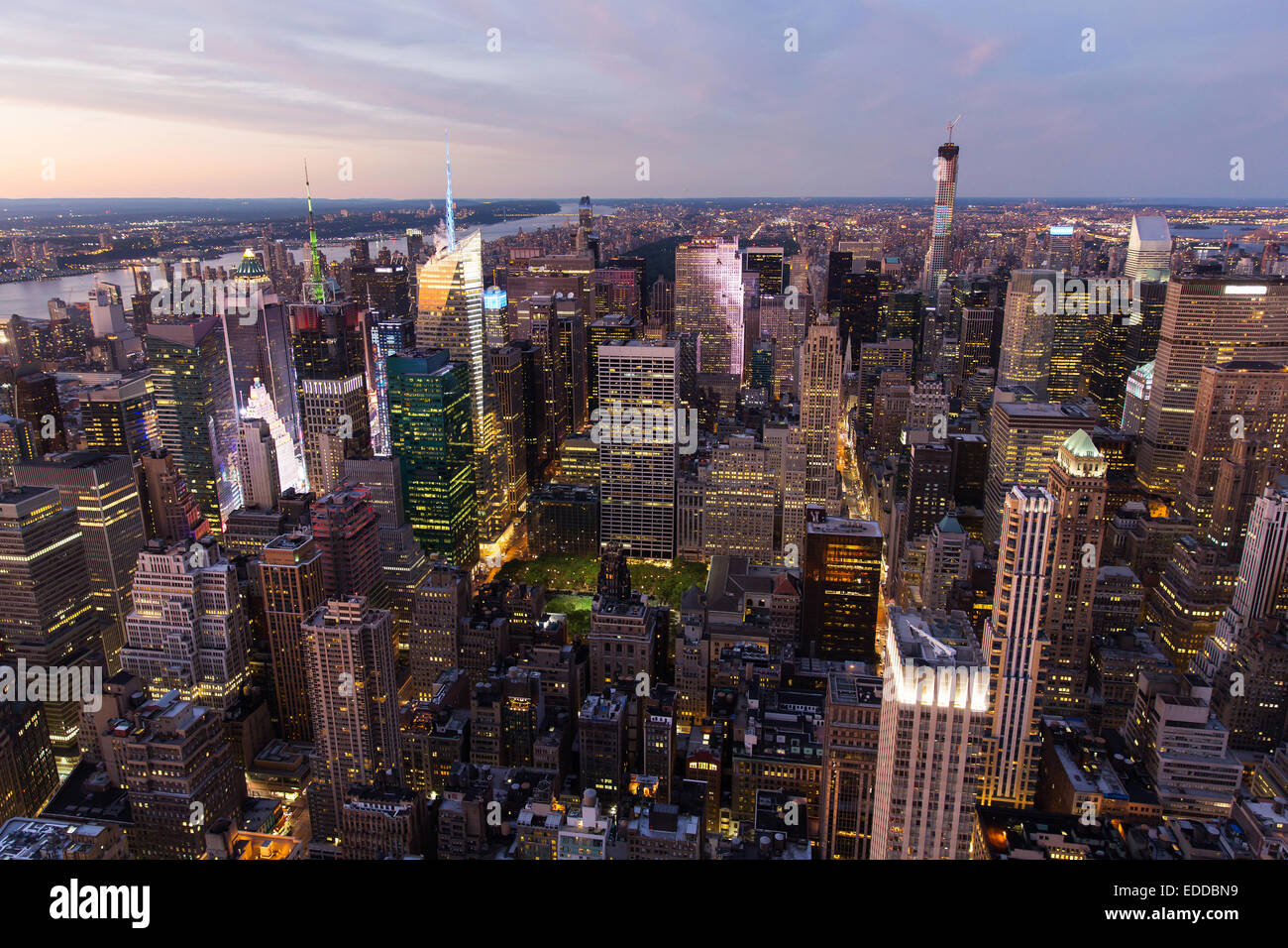 beautiful overhead view of new york city at night, USA Stock Photo