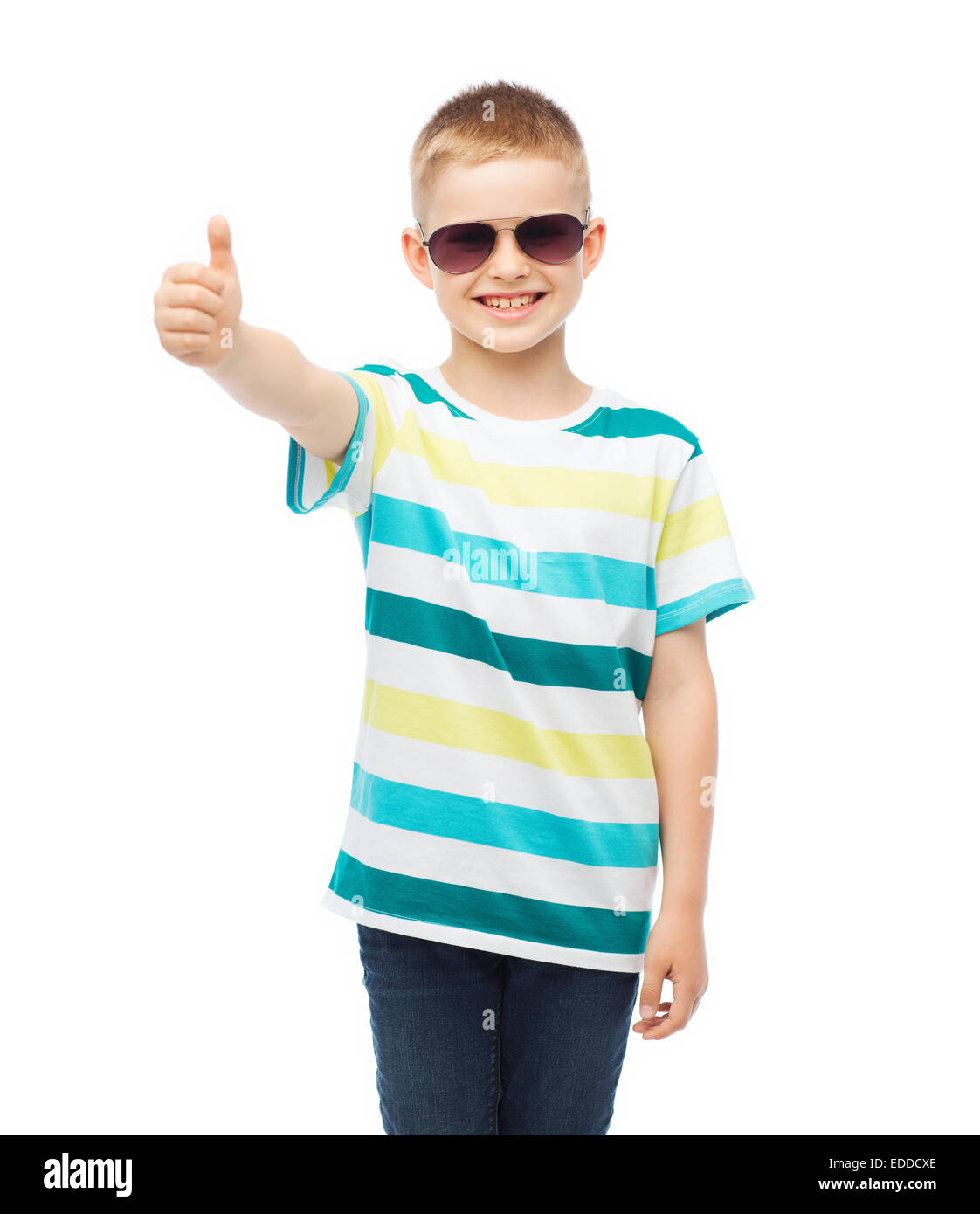 smiling little boy in sunglasses showing thumbs up Stock Photo Alamy