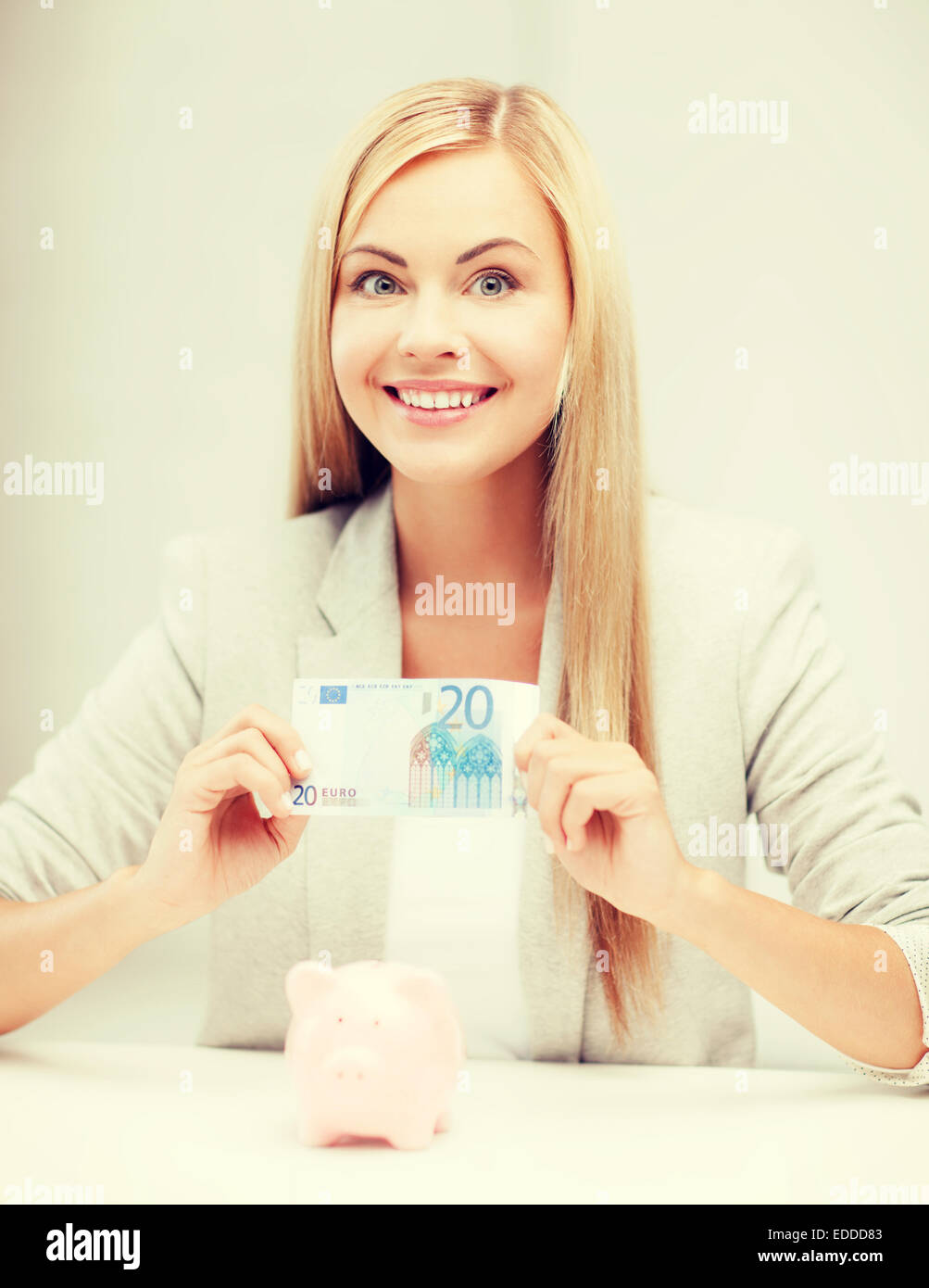 woman with piggy bank and cash money Stock Photo - Alamy