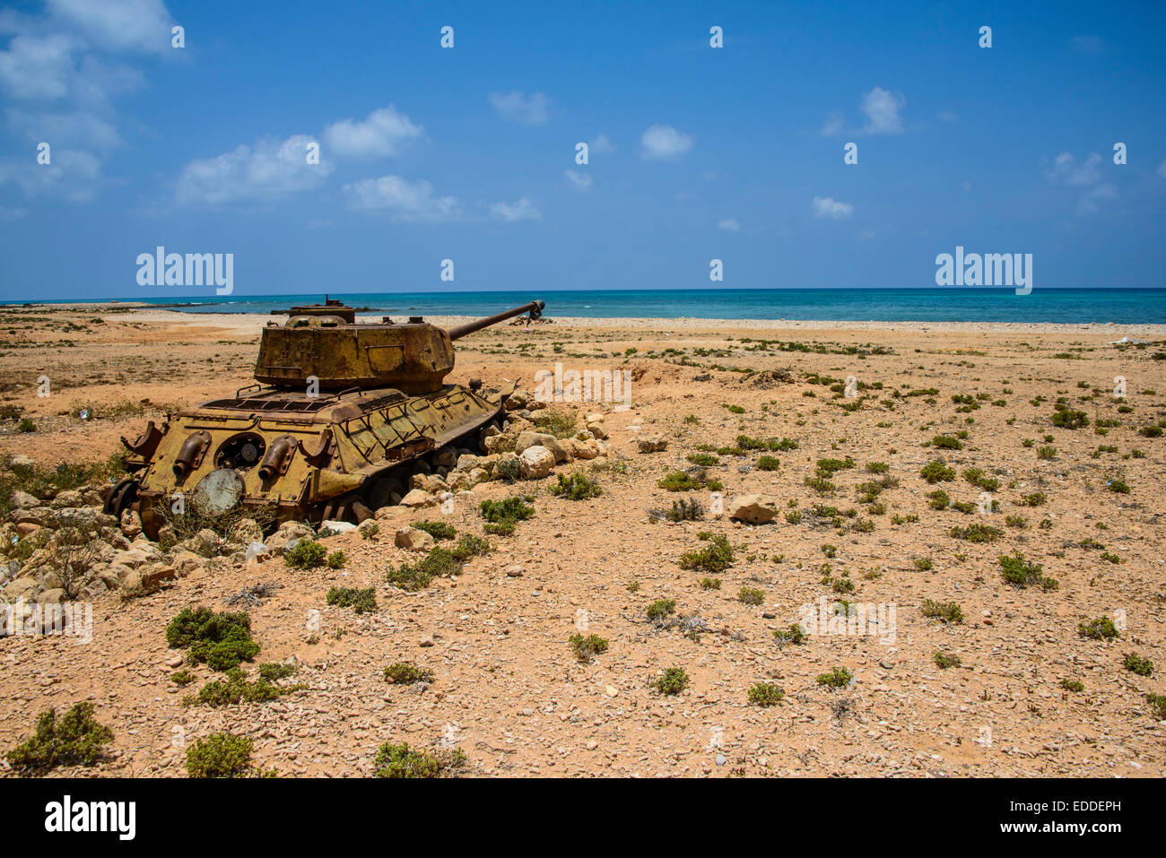 Old Russian tank, Qalansia, island of Socotra, Yemen Stock Photo