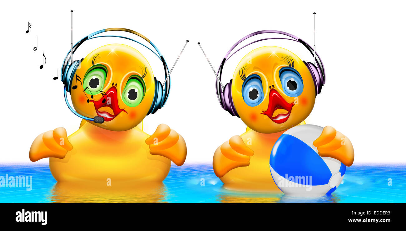 Two rubber ducks with headphones, illustration Stock Photo Alamy