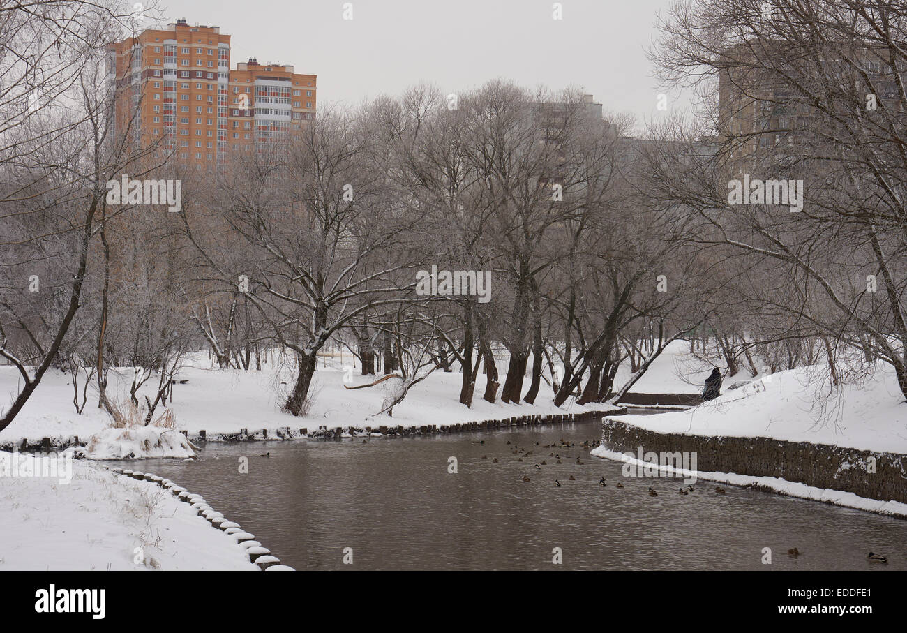 Winter scene on the Yauza river in late December Stock Photo