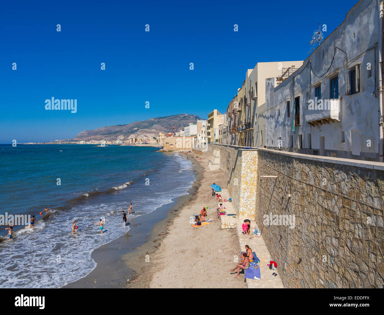 Italy, Sicily, Province of Trapani, Trapani, Old town, Beach and Via Mura di Tramontana Ovest Stock Photo