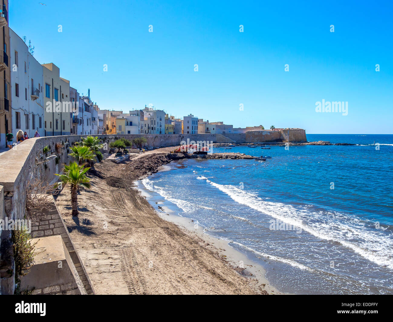 Italy, Sicily, Province of Trapani, Trapani, Old town, Beach and Via Mura di Tramontana Ovest Stock Photo
