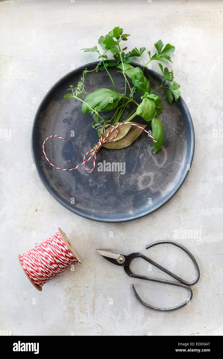 Dish with Bouquet garni, string and scissors Stock Photo - Alamy