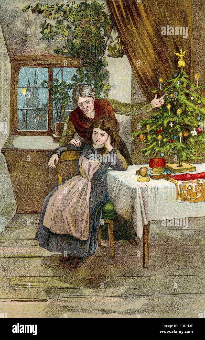 Weihnachten. Ältere Frau macht jungem Mädchen Vorhaltungen. Illustration aus einem Kinderbuch des 19. Jahrhunderts Stock Photo