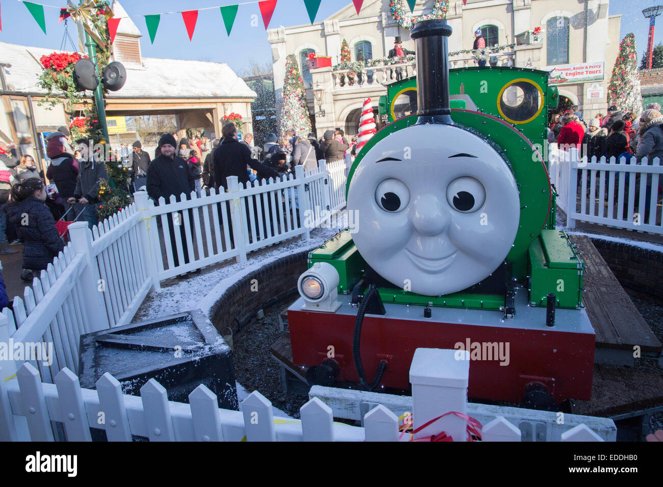 Percy the Engine at Thomas Land, Drayton Manor. Christmas decorations and bunting. Thomas The Tank Engine. Stock Photo