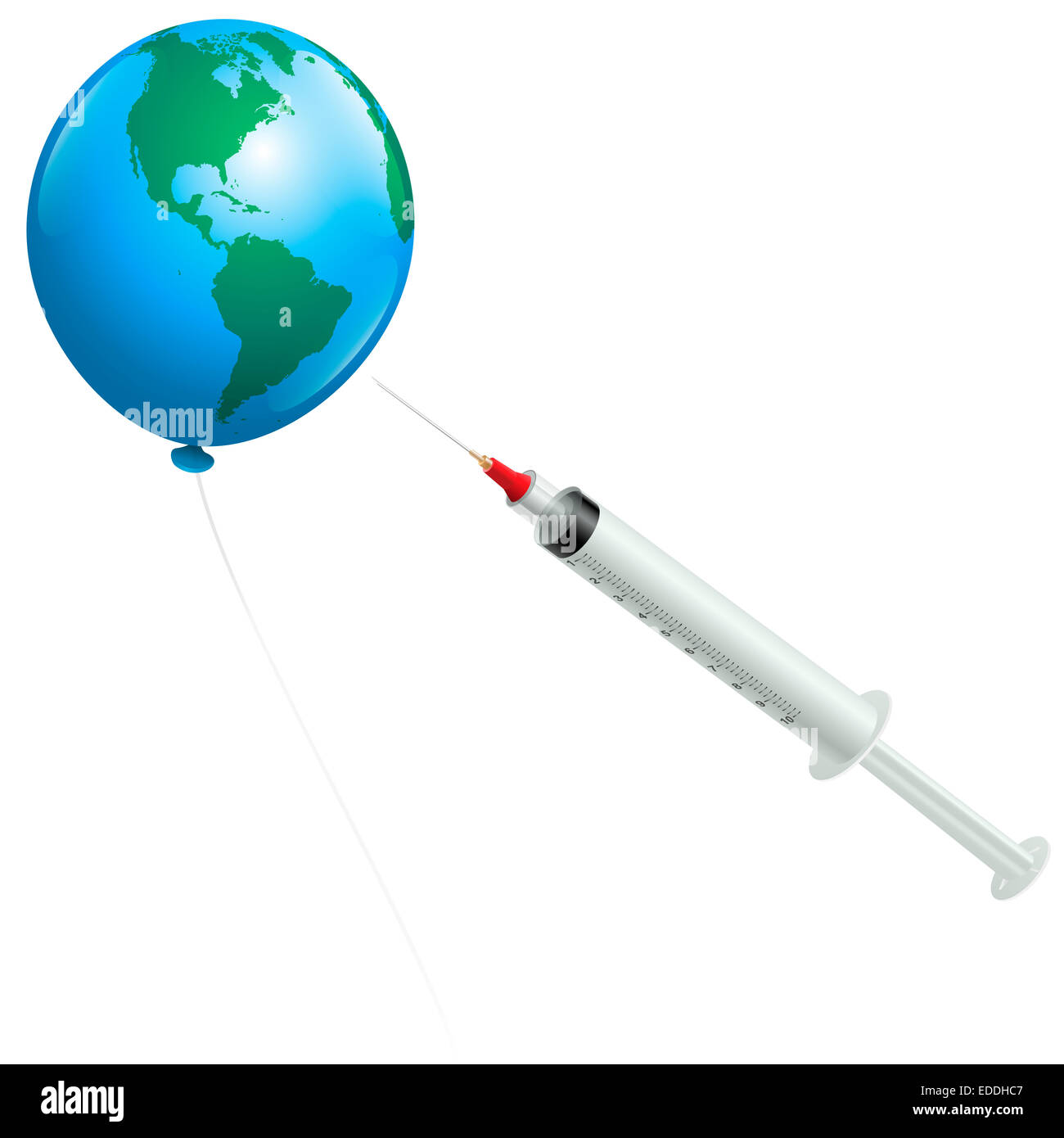 A syringe and a planet earth balloon as a symbol for pandemic disease vaccination problems. Stock Photo