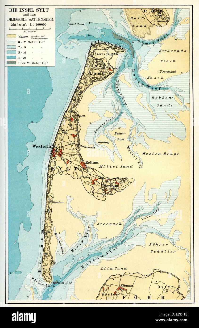 island of Sylt and the surrounding Wadden Sea. Scale 1:200,000, with the towns of Westerland, List, Kampen, Westerland, Morsum,a Stock Photo