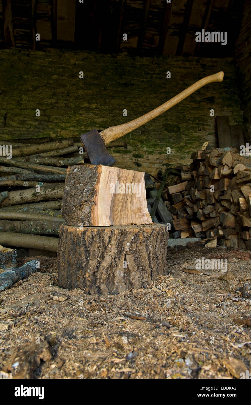 Axe stuck in a piece of wood on top of a chopping block, a pile of logs and chopped wood. Stock Photo