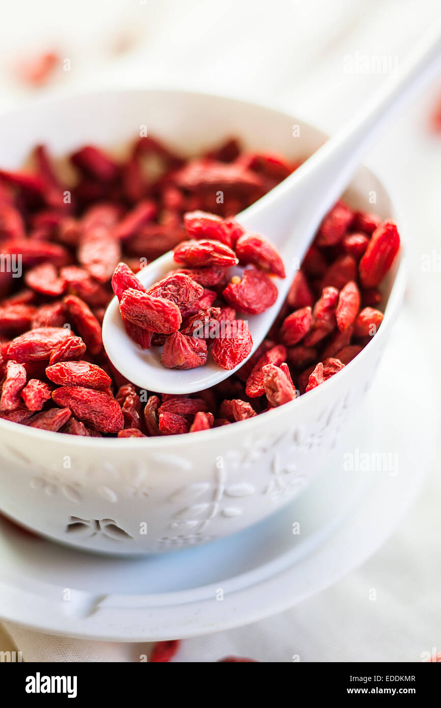Bowl of Goji berries, Lycium barbarum Stock Photo