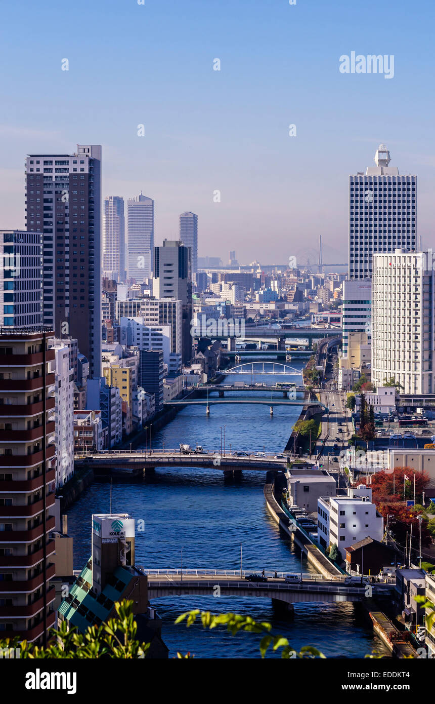 Japan, Osaka, Nakanoshima district, cityscape with Yodo River Stock Photo