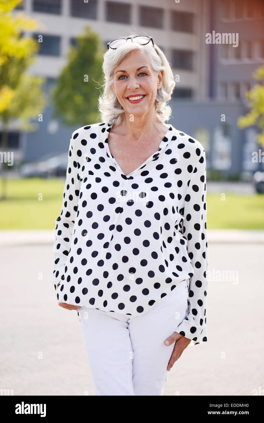 white blouse with black dots