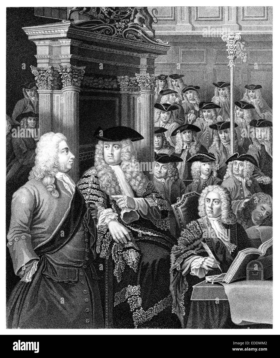 The House of Commons in Walpole’s administration (1722–1742) engraved from the original painting by English artist William Hogarth 1697-1764 Stock Photo