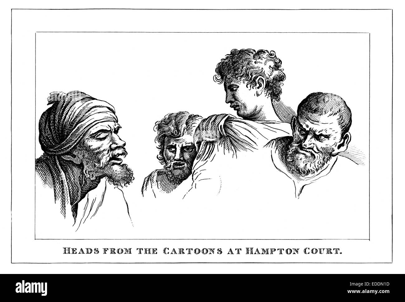 Four heads from Raphael Cartoons at Hampton Court engraved by English artist William Hogarth 1697-1764 Stock Photo